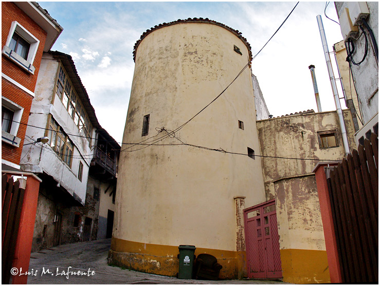 "... el núcleo originario de esta casa-palacio fué, sin duda, la torre circular construida en la parte trasera...Por la parte delantera son visibles distintos momentos cronológicos entre, su primitiva fábrica, siglo XV, y los sucesivos intentos de reforma del siglo XVII y XVIII. Estos momentos en el tiempo de sucesivas reformas destinadas a "modernizar" la fachada principal están evidenciados en la ventana de doble arco que hay colocada sobre la puerta puerta de entrada sobre su parte izquierda, en la que se ven molduras adornadas con perlas o cuentas, también los cortinajes tallados bajo los arquillos, así como en los balcones de los extremos laterales de la fachada y del segundo piso de su calle central, son más artísticos a los vistos en otros palacios construidos en la segunda mitad del siglo XVII ..." 